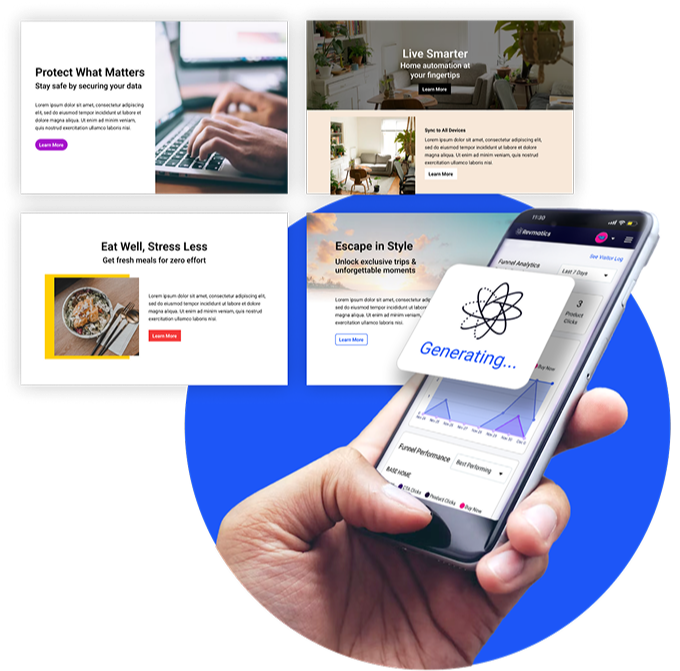 Collage of landing pages with phone showing AI generation feature