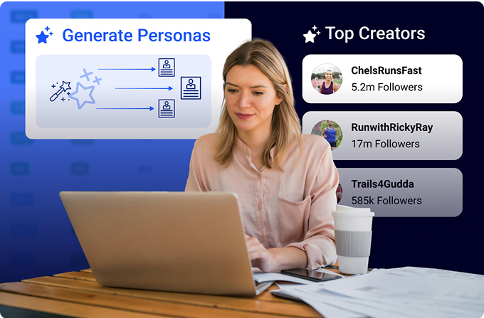 Woman working on laptop with Audience Finder interface showing persona generation and top creators